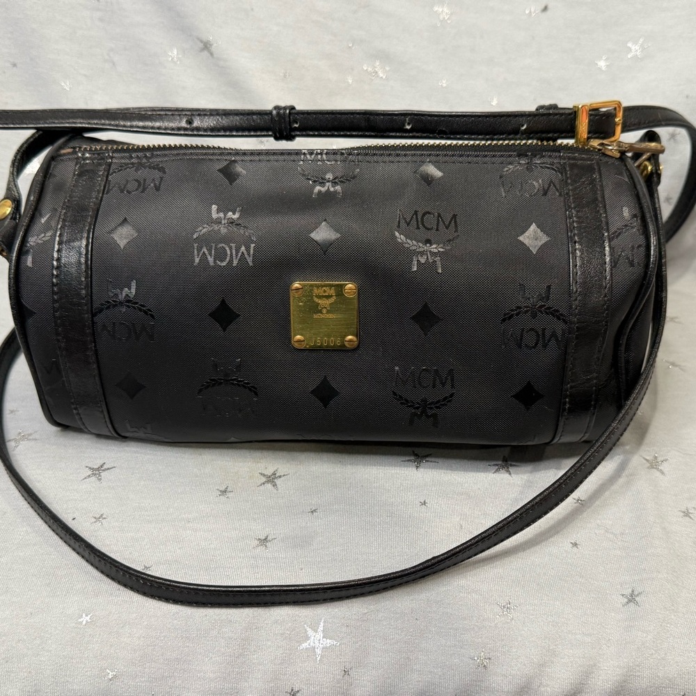 MCM Papillon Black and Gold Logo Crossbody